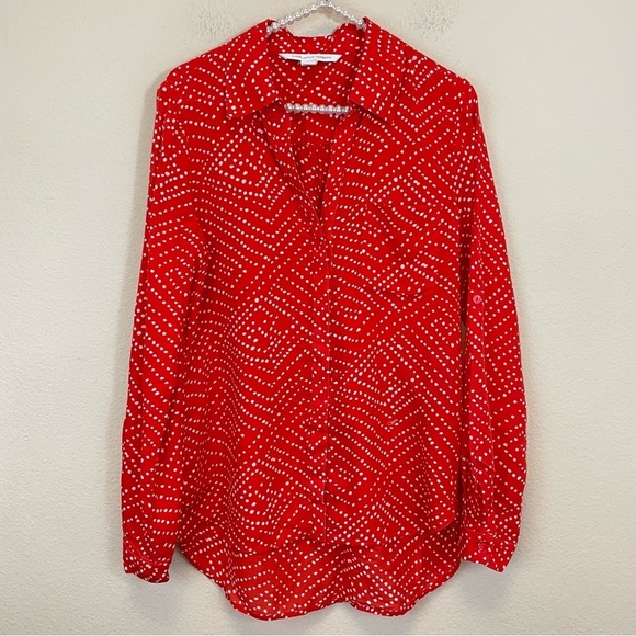 Diane Von Furstenberg Red Dotted Print Long Sleeve Button Up Blouse Size 4 - Picture 1 of 11